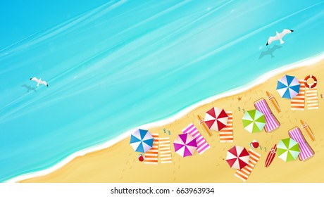 Aerial view of summer beach in photorealistic vector style.