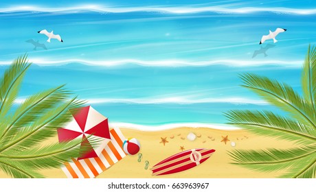 Aerial view of summer beach in photorealistic vector style. 