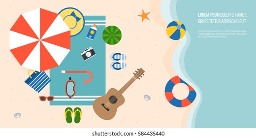 Aerial View Of Summer Beach And Sea With Parasol, Guitar, Slippers, Snorkel Mask , Towel, Starfish And Elements For Summertime, Flat Design Vector