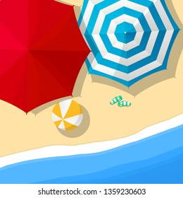 Aerial view summer day at the beach  with umbrellas and slippers and toy,  vector illustration