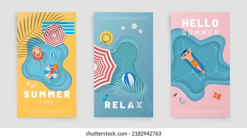 Aerial view of summer pool with  people in water. Colourful summer set background. Top view paper cut, craft style and copy space. Perfect for flyers, banners, posters.