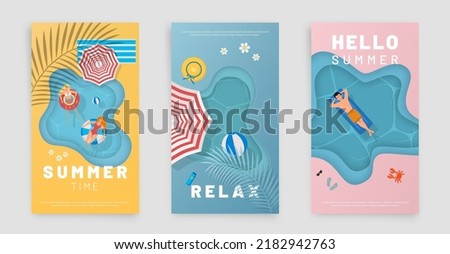 Aerial view of summer pool with  people in water. Colourful summer set background. Top view paper cut, craft style and copy space. Perfect for flyers, banners, posters.