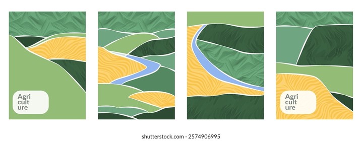 Aerial view of sustainable agriculture farm with rice, wheat, corn field, rural landscape. Abstract green vector pattern, ecology brochure, nature poster. Textured layout, advert, leaflet, paper frame