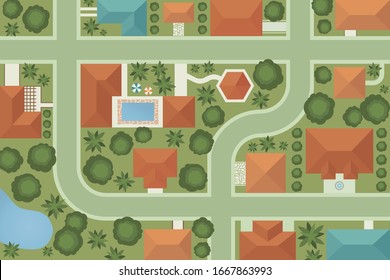 Aerial view town neighborhood illustration. City suburbs map top view vectors. House roof and trees from above cartoon background.