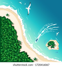 Aerial view of a tropical beach and islands. Summer travel. Vector illustration.