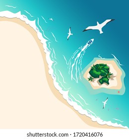 Aerial view of a tropical beach and islands. Summer travel. Vector illustration.
