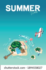 Aerial view of a tropical beach and islands. Summer vacation poster template. Summer travel. Vector illustration.