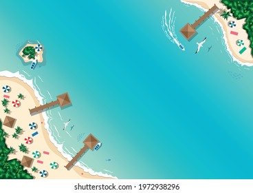 Aerial view of the tropical beach and islands. Summer travel. Horizontal vector illustration in cartoon style.