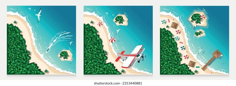 Aerial view of tropical beach and islands. Summer travel. Motor boats, seagulls, bungalows, sun loungers and palm trees on a tropical beach by the sea. Set of vector illustration in flat style.