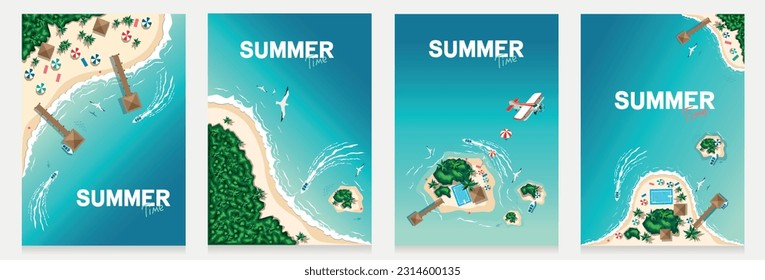 Aerial view of tropical beach and islands. Summer travel. Motor boats, seagulls, bungalows, sun loungers and palm trees on a tropical beach by the sea. Set of vector illustration in flat style.