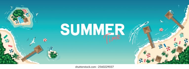 Aerial view of the tropical beach and islands. Summer travel. Horizontal vector illustration in cartoon style.