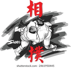 Aerial view of two sumo wrestlers entangled in a chaotic collision, their massive bodies locked in a fierce struggle for dominance. Japanese sports. Translation: Sumo.