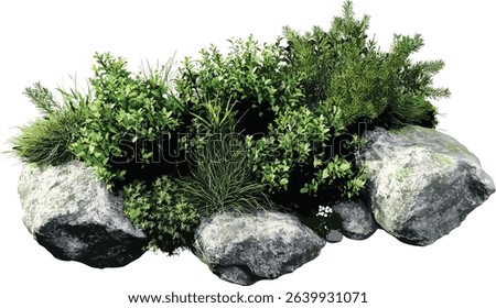 Aerial view vector shrubs, plants with grassy and rocks, isolated transparent background, PNG, landscaping, top view, greenery, garden, nature, outdoor decor, environment