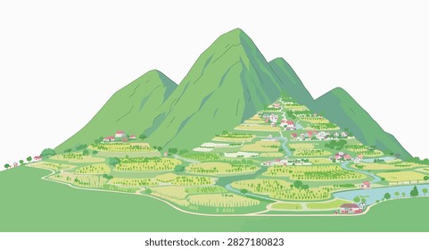 Aerial view of a verdant mountain range with a pristine lake surrounded by dense forest