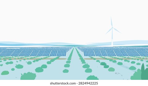 Aerial view of a wind farm generating renewable energy with turbines on green hills
