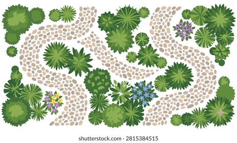 Aerial view of winding garden path with various green plants and small flower clusters natural park landscape illustration.