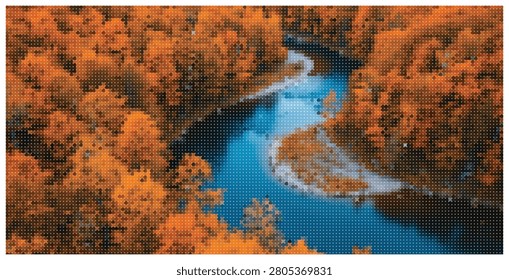 Aerial view of a winding river surrounded by dense orange and yellow autumn trees. Natural seasonal landscape graphic perfect for digital backgrounds.