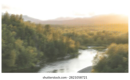 Aerial view of winding river through dense woodland at sunrise, soft light filtering through trees in artistic halftone dot vector illustration.