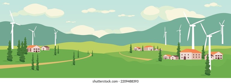 Aerial view of windmill energy village. Landscape with wind turbines generating electricity on green energy production. Scenic landscape of modern village with fields, meadows, pastures, solar panels