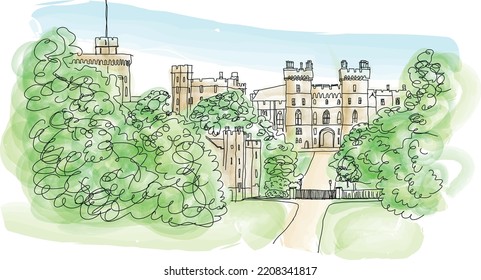 Aerial View Of Windsor Castle, Vector Illustration, Watercolor Sketch For Poster, Postcard, Social Media Post