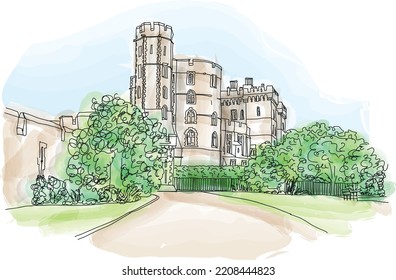 Aerial View Of Windsor Castle, Vector Illustration, Watercolor Sketch For Poster, Postcard, Social Media Post