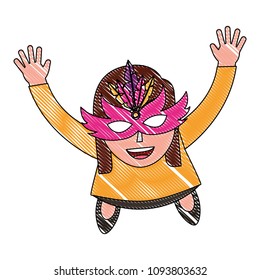 aerial view of young woman with party mask celebrating