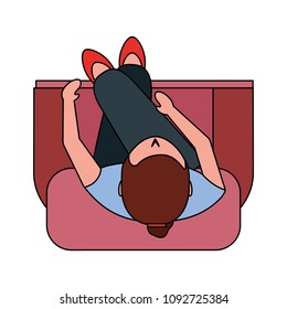 aerial view of young woman sitting in sofa with cross leg