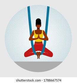 Aerial yoga. African American woman sits in lotus position, cross-legged and meditating.vector illustration.