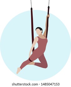 Aerial yoga. Antigravity. A girl with a beautiful figure performs an acrobatic element on a hanging hammock. Vector illustration isolated on white background.