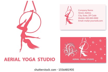 Aerial Yoga - business card with requisites, red - silhouette girl is doing exercise on the ring, upside down - vector. Sport business.