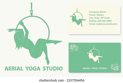 Aerial Yoga - business card with requisites, green light - silhouette of a girl sitting on a ring - vector. Sport business.