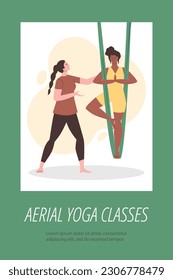 Aerial yoga classes advertising poster, flat vector illustration. Woman practicing fly yoga on hammock with help of yoga coach. Aero yoga and pilates exercise.