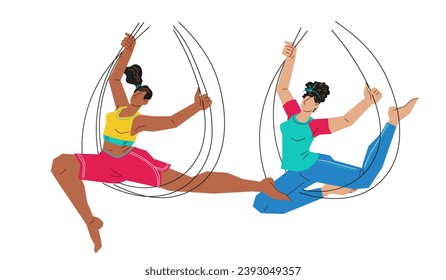 Aerial yoga concept with women on canvas flying hammocks, flat vector illustration isolated on white background. Women practice aerial or fly yoga, gymnastic and fitness workout in hammocks.