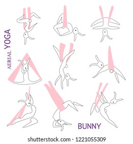 Aerial yoga. Cute bunny. Transparent background. Design for banner, card, placard, brochure. All elements isolated. Vector hand drawn