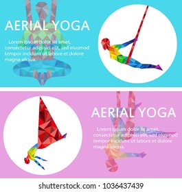 Aerial yoga flyers with woman silhouette in different yoga poses. Girl doing anti gravity yoga exercises in hammocks. Female fitness practice, healthy lifestyle vector illustration in triangle style.
