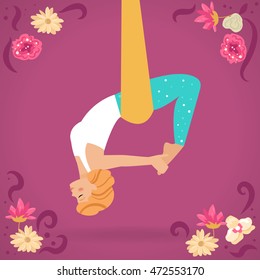 Aerial yoga. Girl hanging in a hammock. Vector isolated illustration. Cartoon character. Designed in the style of flat. For sports brochures, advertising, yoga