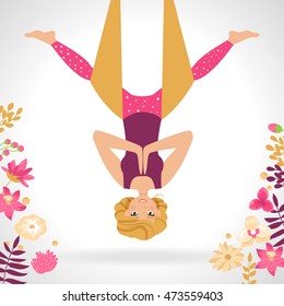 Aerial yoga. Girl hanging in a hammock. Vector isolated illustration. Cartoon character. For sports brochures, advertising
