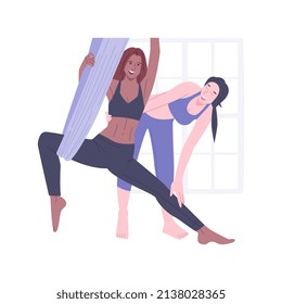 Aerial yoga isolated cartoon vector illustrations. Young girl doing pilates with instructor in the gym, stretching exercises, aerial yoga training, antigravity fitness vector cartoon.