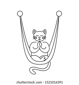 Aerial yoga logo personage design. Namaste pose in hammock. Anti gravity yoga cat. Fitness funny mascot. Cartoon animal in meditation pose. Fly, air pilates in canvas. Outline sketch.