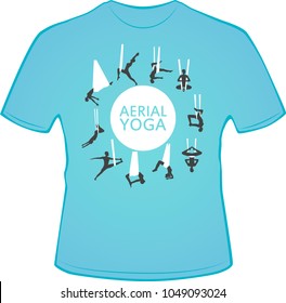 Aerial yoga t-shirt design with woman silhouettes in different yoga poses. Girl doing anti gravity yoga exercises in hammocks. Female fitness practice, sport and healthy lifestyle vector illustration.