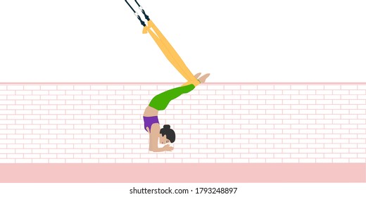 Aerial yoga - woman hanging at the bottom of her head on a silk ribbon - gym - vector. Fitness. Interior