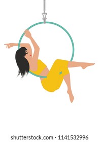 Aerial yoga - Woman with long hair doing an exercise on a hoop - isolated on white background - art vector