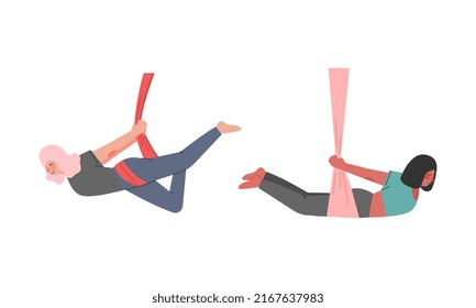Aerial yoga. Young woman practicing stretching gymnastic in hammocks vector illustration