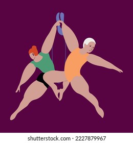 Aerialists. Vector Aerialists. Girls gymnasts in the air on the ring. Performance gymnasts on the rings. Circus tricks in the air. Pair tricks. Flat illustration