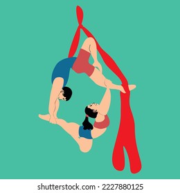 Aerialists. Vector Aerialists. Girls gymnasts in the air on ribbons. Performance of gymnasts on canvases. Circus tricks in the air. Flat illustration