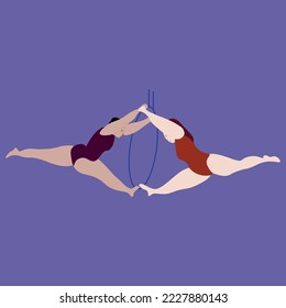 Aerialists. Vector Aerialists. Girls gymnasts in the air on the ring. Performance gymnasts on the rings. Circus tricks in the air. Pair tricks. Flat illustration