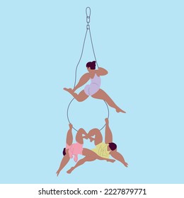 Aerialists. Vector Aerialists. Three gymnasts hang on the ring. Vector gymnasts. The circus. Flat illustration.