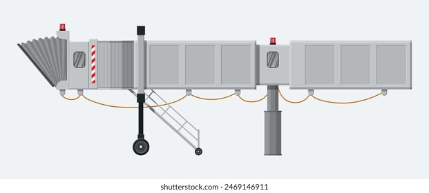 Aero bridge or jetway. Telescopic ladder for airport. Ramp, gate, aerobridge. Airport terminal services. Vector illustration in flat style