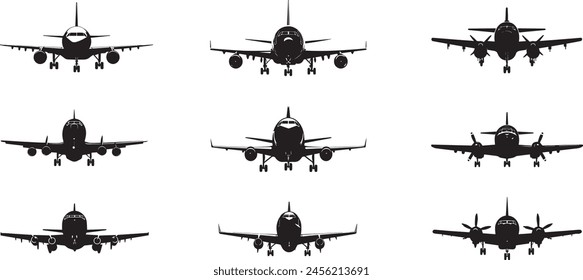 aero plane front view silhouette set. airplane take off. aero plane silhouette set 