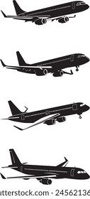 aero plane silhouette set. flying aeroplane silhouette set isolated on white